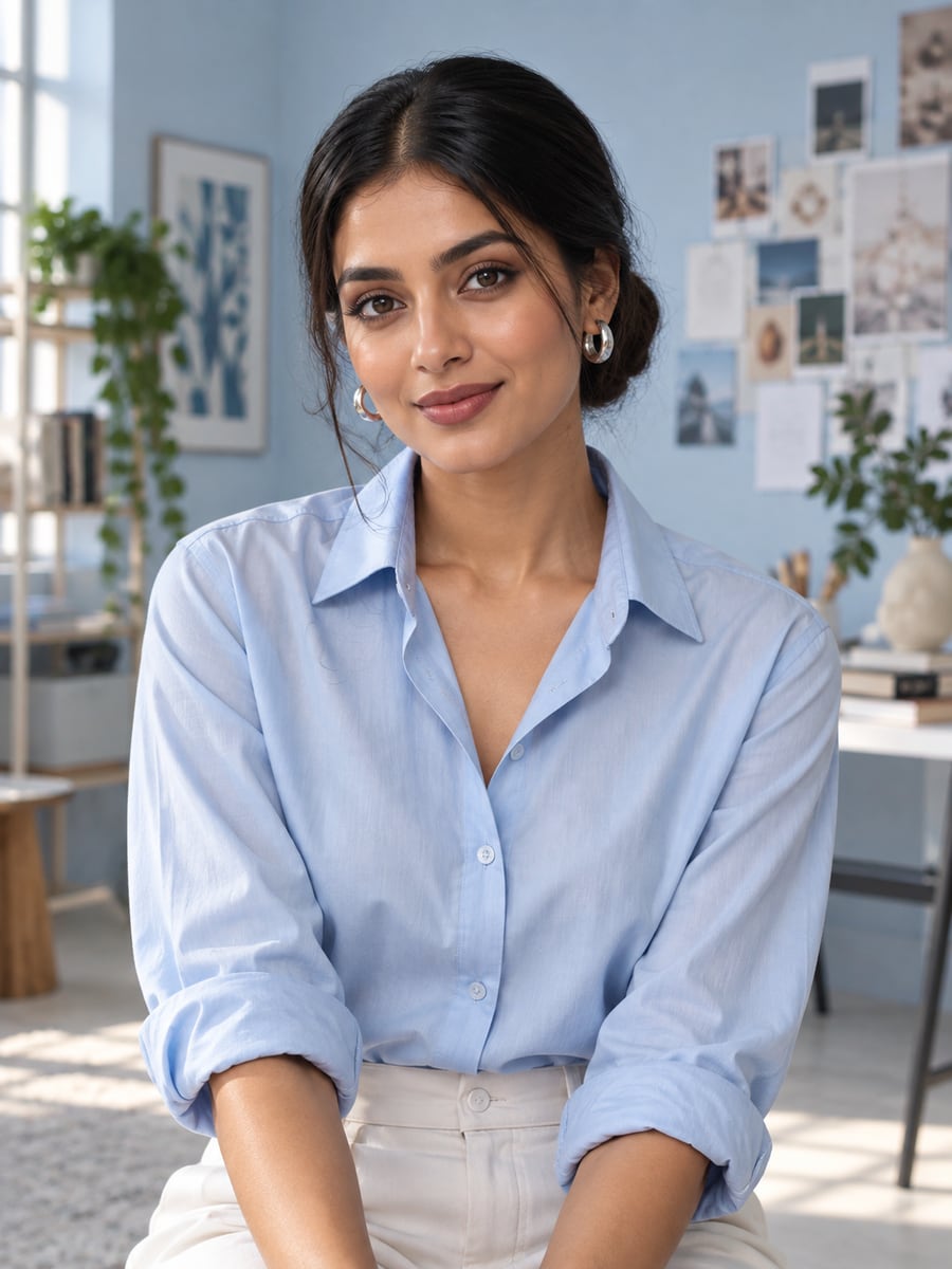 Asha Kapoor, a fictional virtual tech creator, in an editorial portrait