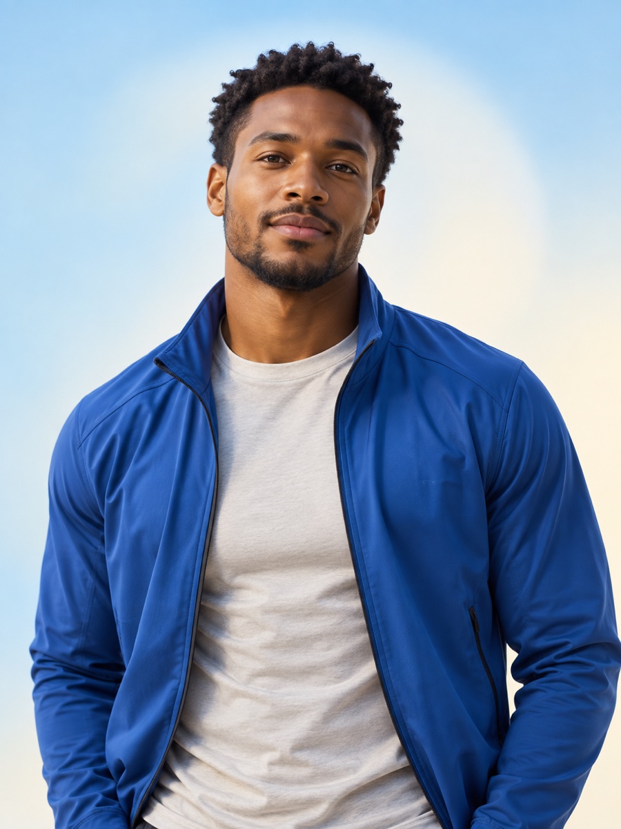 Kai Mercer, a virtual fitness creator, wearing a cobalt jacket