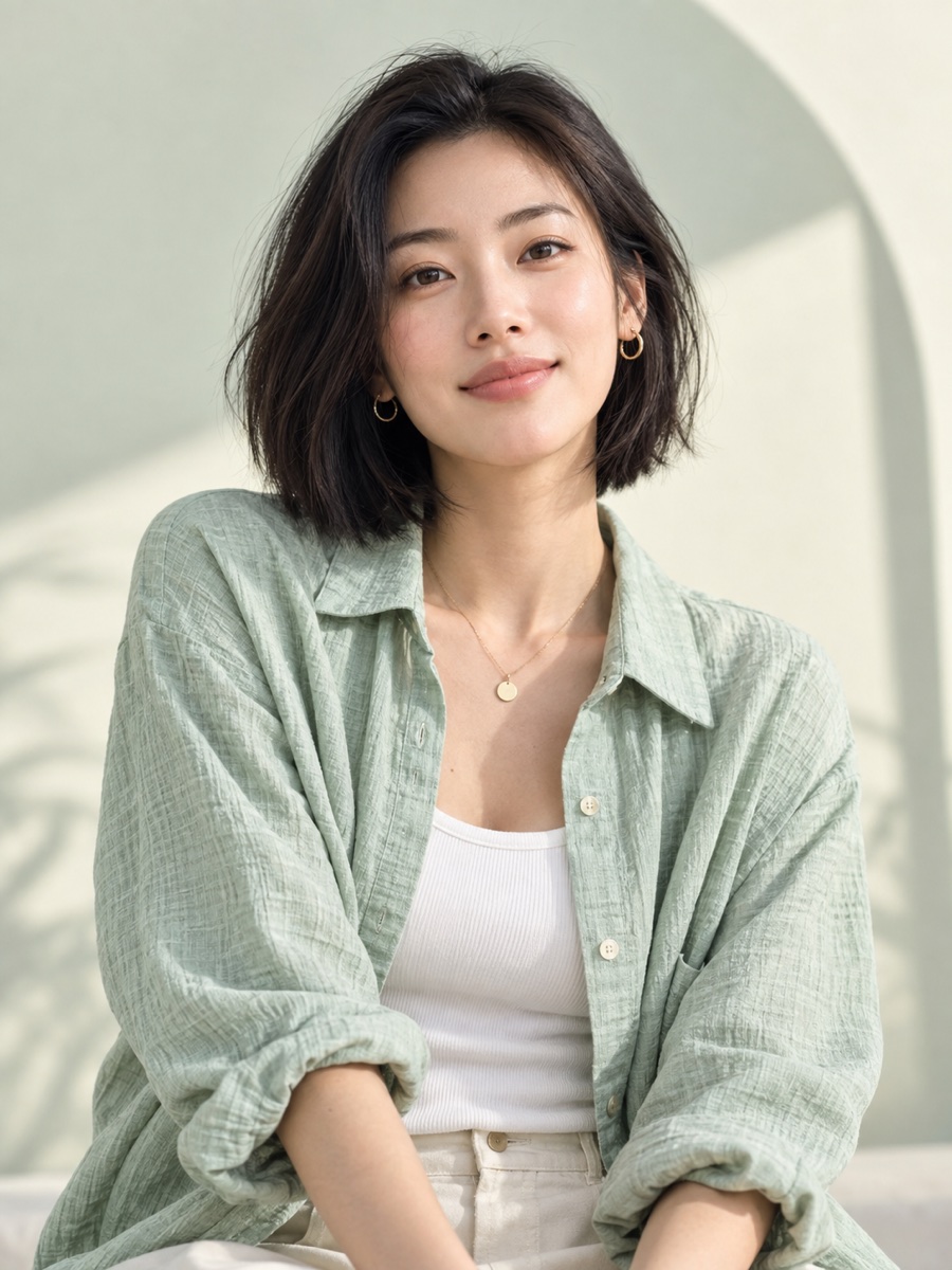 Nova Lin, a virtual lifestyle creator, in a soft mint studio portrait
