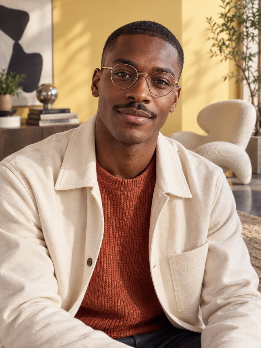Theo Laurent, a fictional virtual design creator, in an editorial portrait