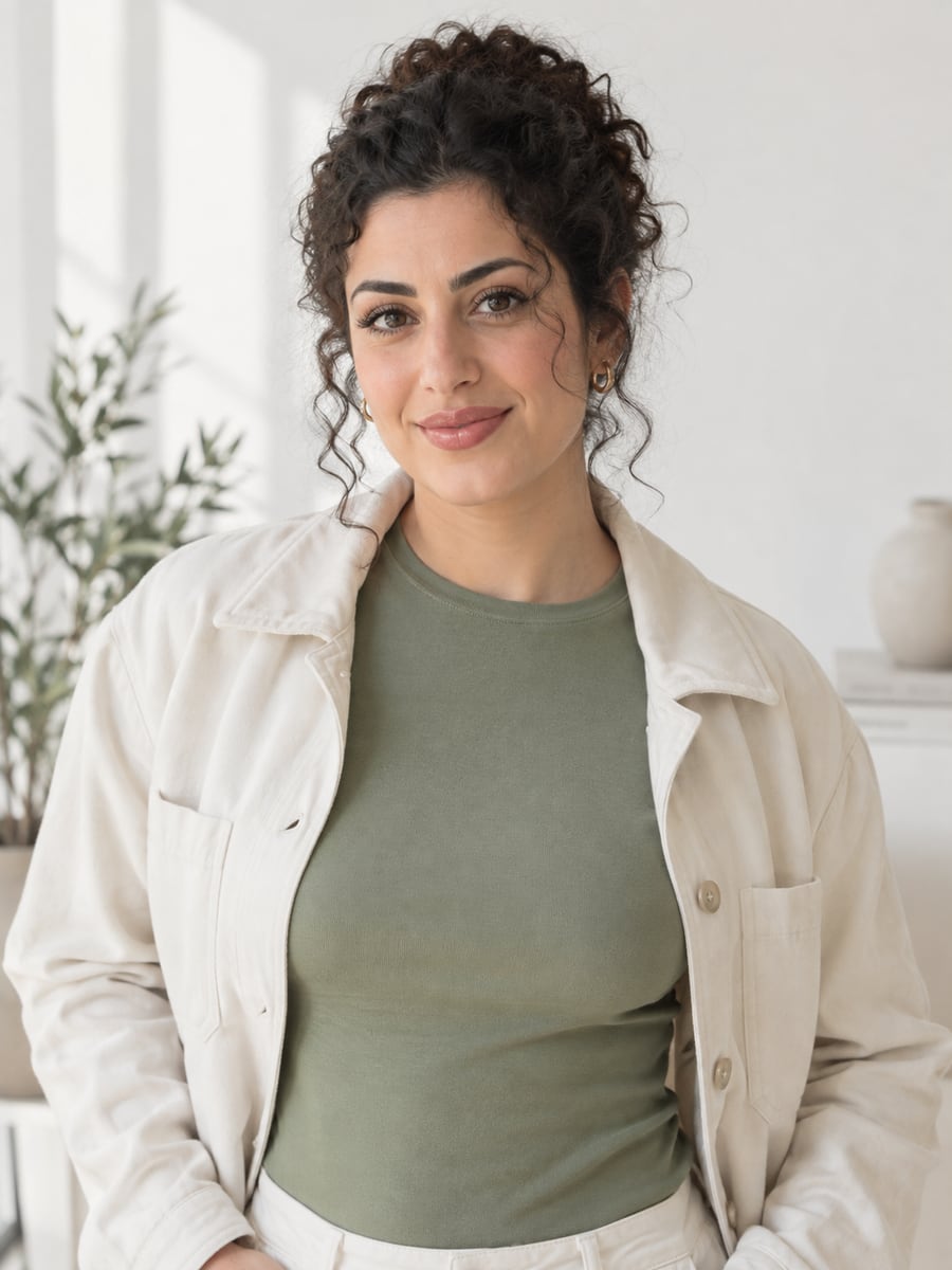 Zara Haddad, a fictional virtual wellness creator, in an editorial portrait